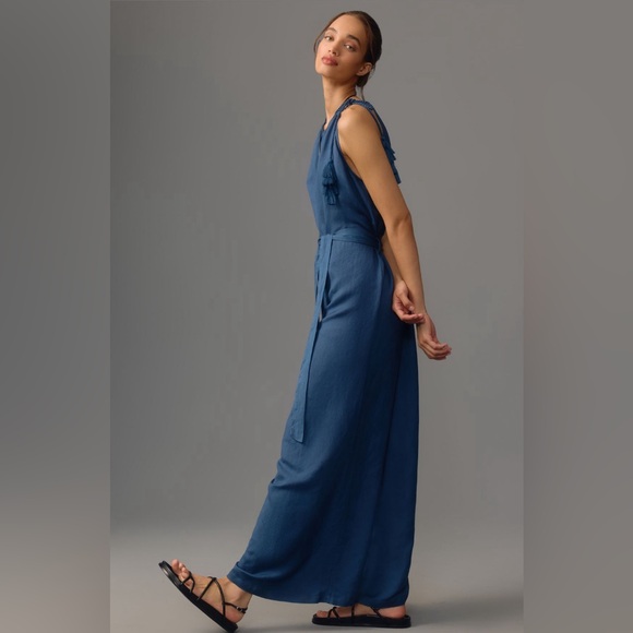 ✨ Anthropologie Sleeveless Linen Tassle Jumpsuit Sz L/XL - Picture 2 of 5